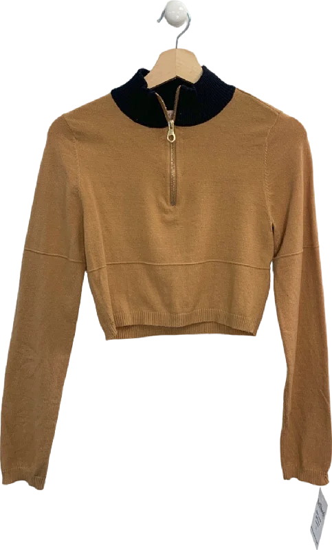 Camila Coelho Camel Cropped Zip-Up Sweater UK S Real Fur Shearling Chenille