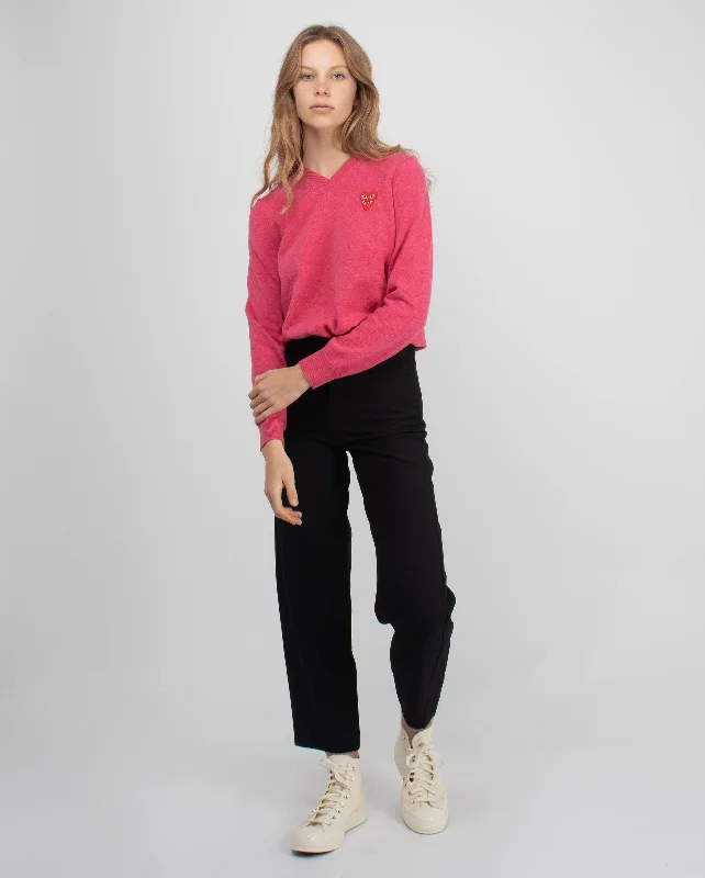 N073 DOUBLE RED HEART V-NECK SWEATER / PINK Sweater Knitwear Pullover