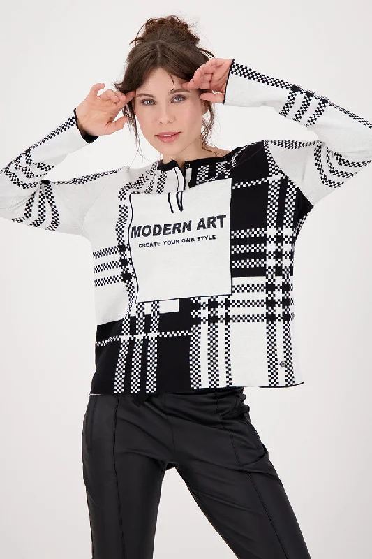 Check Color Block Sweater in Black 805540MNR by Monari Long Sweater Short Sweater Cropped Sweater