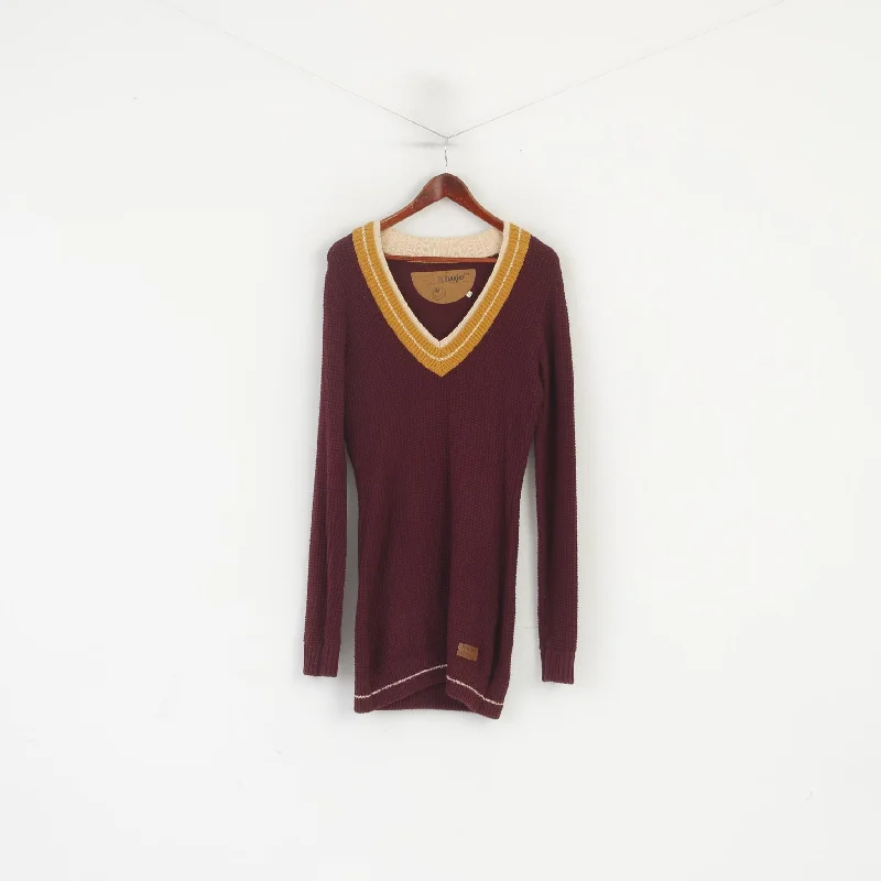 Khujo Women L (M) Long Jumper Maroon Cotton Vintage Knit Slim Fit Tunic Sweater Sweater Knitwear Pullover