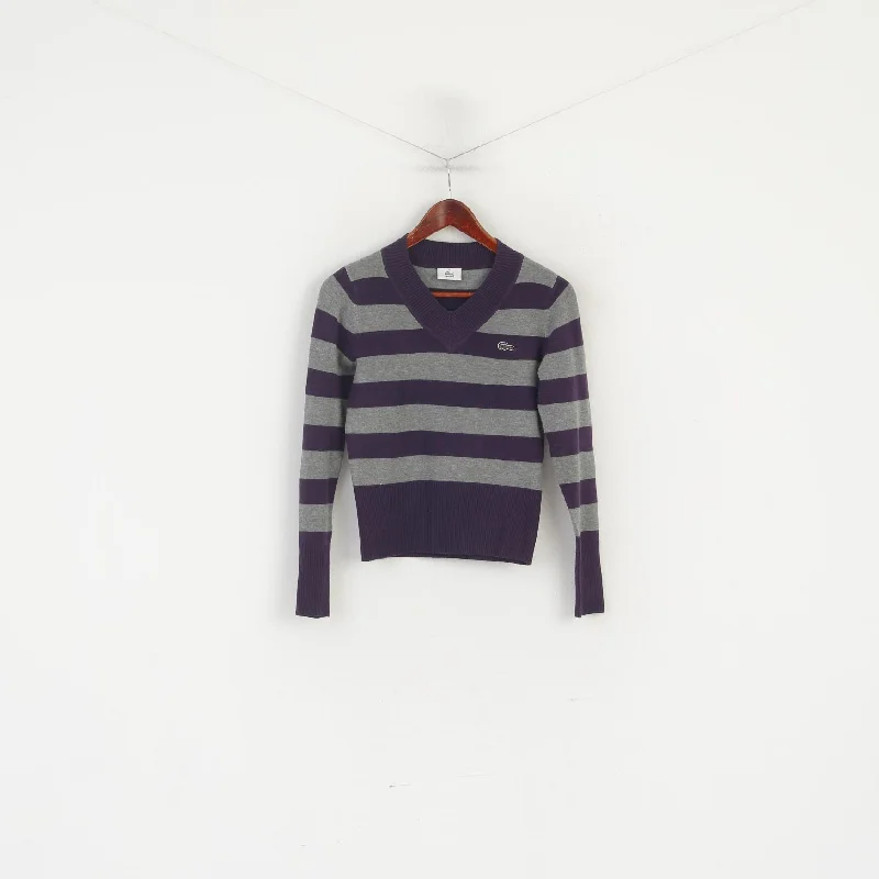 Lacoste Women M Jumper Grey Purple Striped Cropped Stretch V Neck Sweater Chenille Brocade Lace