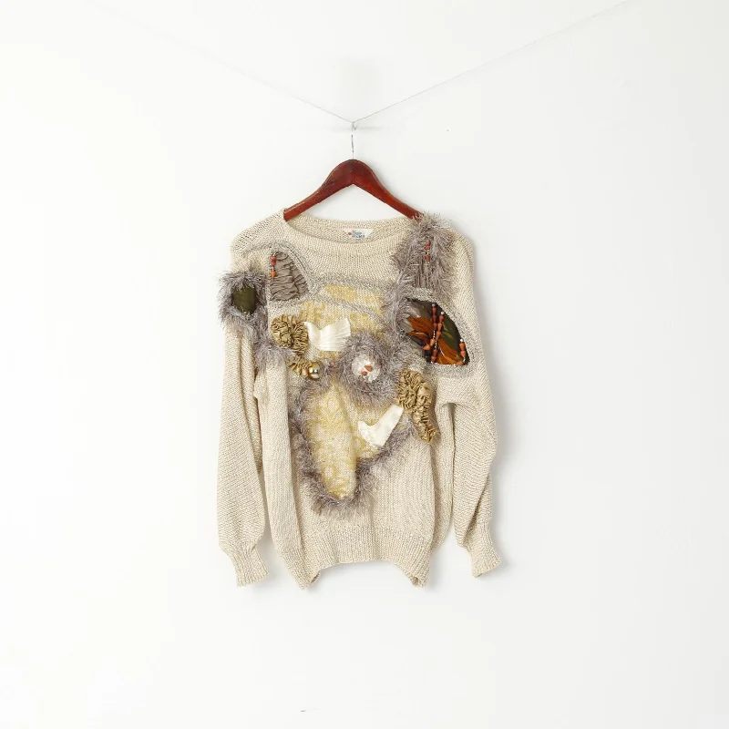 Creation Hera Women M Sweater Jumper Biege Multi Detailed Boho Vintage Jumper Front Pockets Side Pockets Patch Pockets Creation Hera Women M Sweater Jumper Biege Multi Detailed Boho Vintage Jumper Front Pockets Side Pockets Patch Pockets