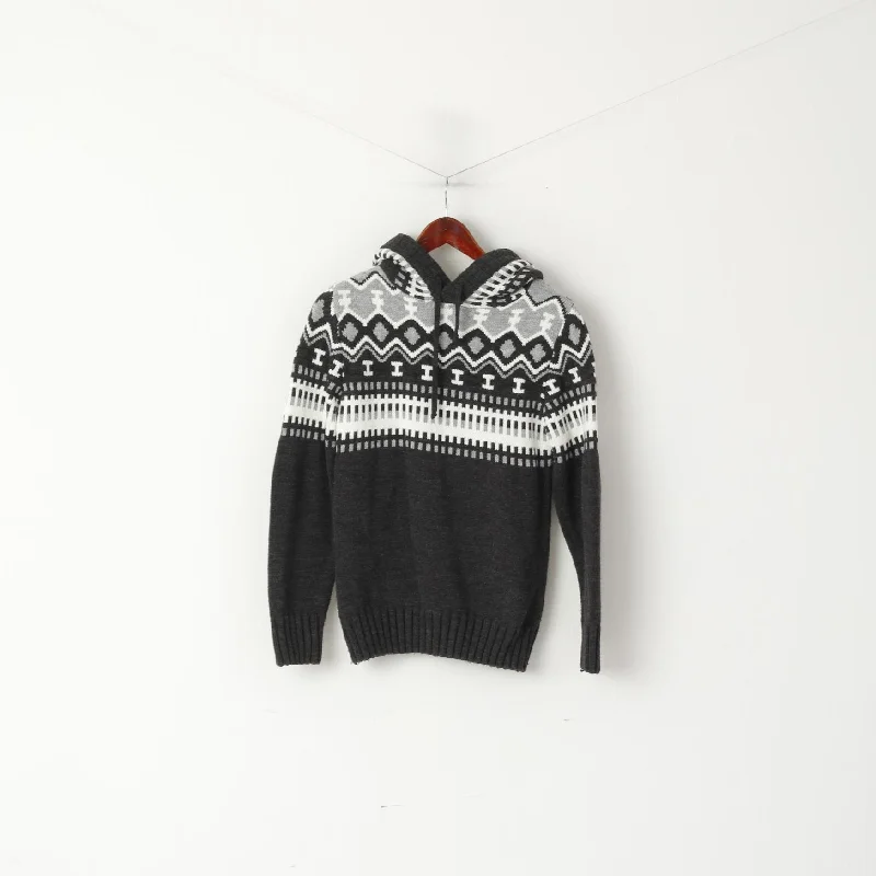 Bigoss Women M Jumper Grey Wool Blend Hooded Nordic Print Sweater Velvet Chenille Corduroy