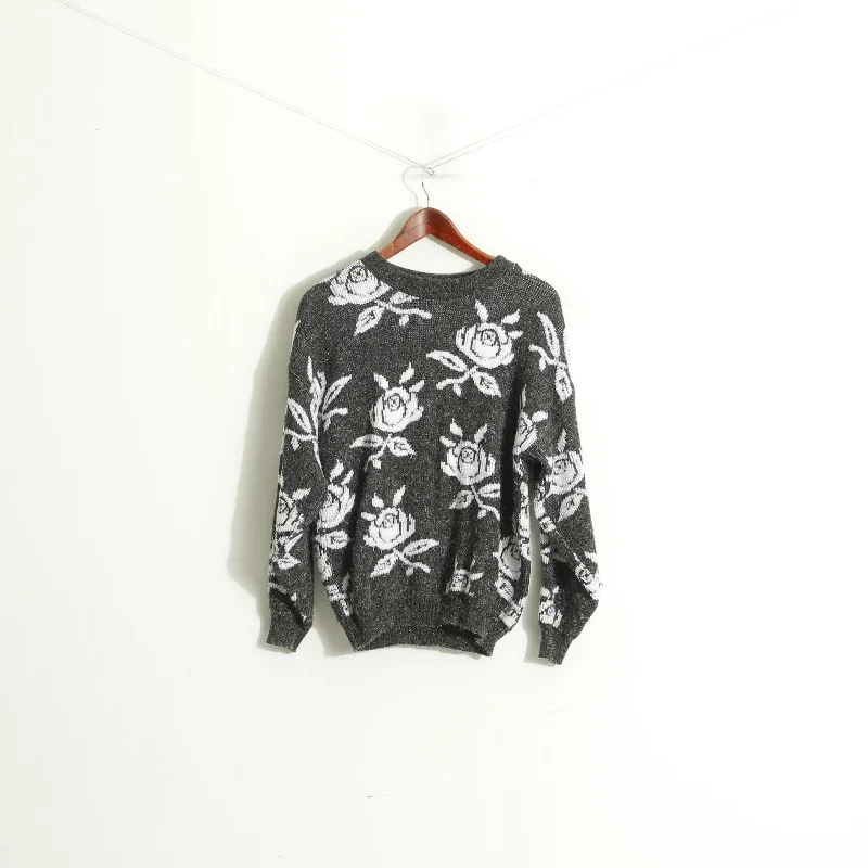 Its Knitwear UK Women S Jumper Shiny Gray White Roses Crew Neck Fuzzy Sweater Cashmere Blend Cotton Blend Poly Blend