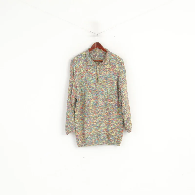 Vintage Women XL Jumper Multicolour Cotton Zip Neck Shoulder Pads Sweater Terry Terry Cloth Terry Knit
