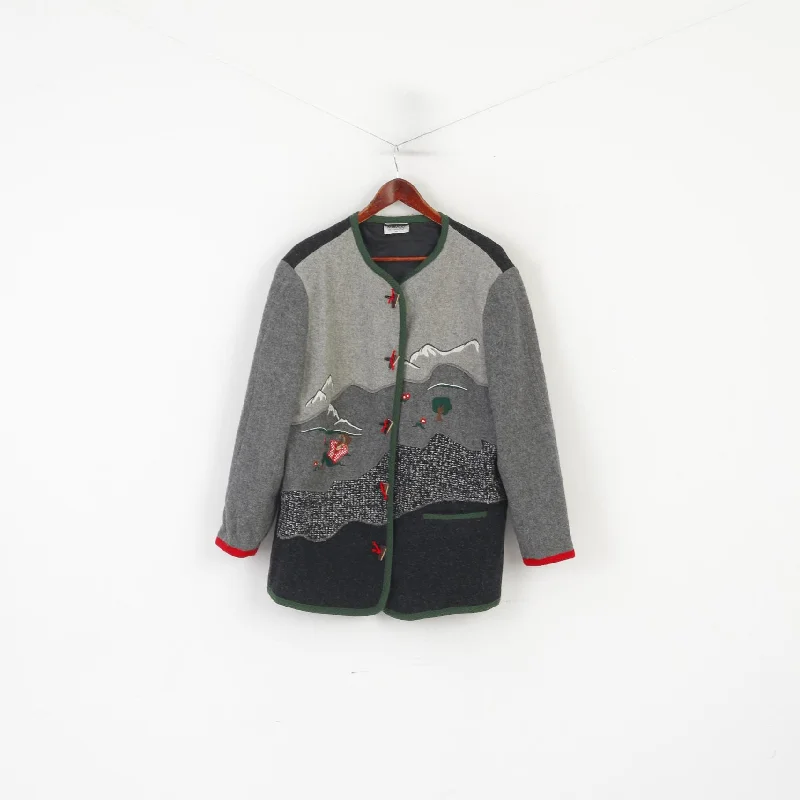 Meico Landhaus Women 44 18 XL Sweater Gray Tyrol Trachten Shoulder Pads Vintage Top Hooded Sweater Collared Sweater Shawl Collar