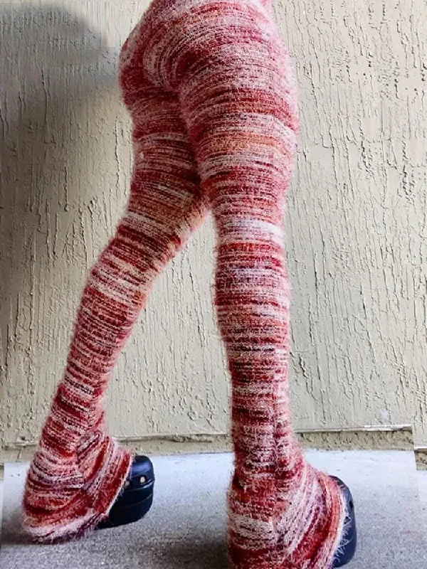 Melange Knit Colorful Striped Stacked Sweater Furry Pants Women Chenille Fabric Brocade Fabric Lace Fabric