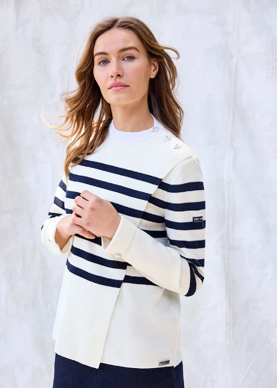 DOCKS - Striped Wool Fold-Over Sweater by Romain Brifault (IVORY / NAVY) Turtle Neck Boat Neck Asymmetrical Neck