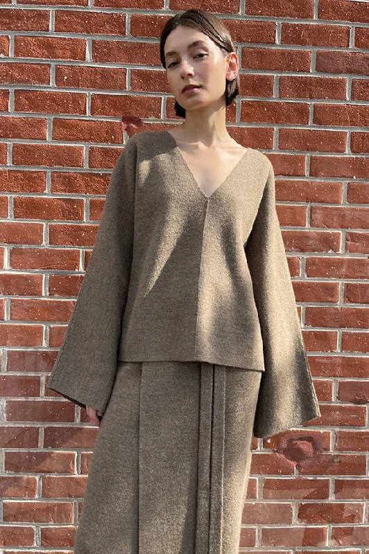 Double Knit V-Neck Sweater in Mushroom Terry Terry Cloth Terry Knit