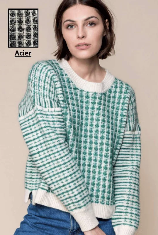 Fancy Knit Sweater Letibet in Acier 43C-01018-PBA by Maison Anje Toggled Drawstring Belted