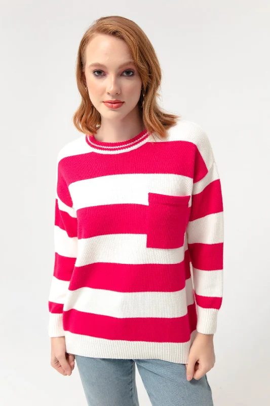 Female Bike Neck Pocket Striped Knitwear Sweater Anti-Pilling Anti-Shrink Durable