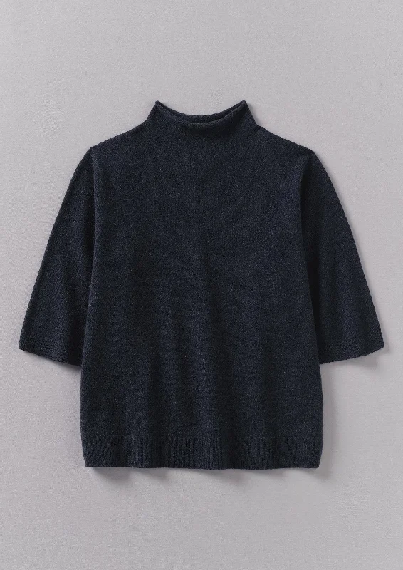 Fine Wool Cashmere Half Sleeve Sweater | Darkest Navy Mesh Sweater Canvas Denim