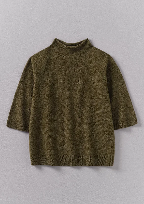 Fine Wool Cashmere Half Sleeve Sweater | Olive Melange Elegant Classic Vintage