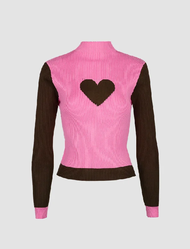 Pink Love Pattern Contrast Knitted Crop Sweater Bright Pastel Dark