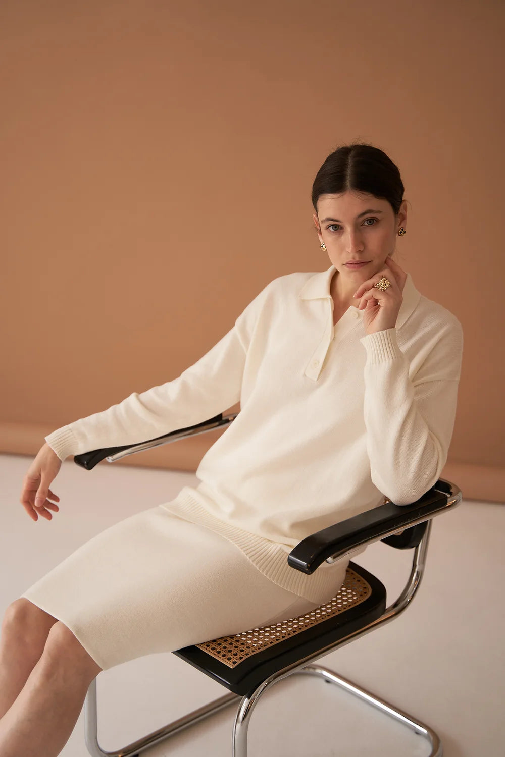 Ivory Cotton Cashmere Blend Polo Sweater Modern Contemporary Chic