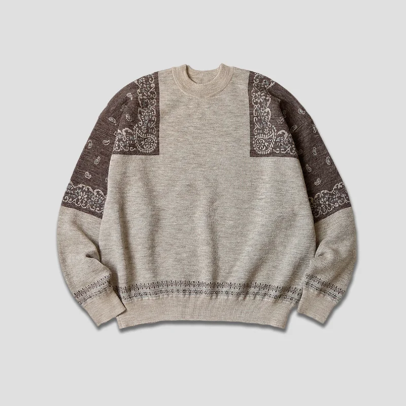 12G WOOL BANDANA CREW SWEATER - BROWN Welt Pockets Slit Pockets Flap Pockets