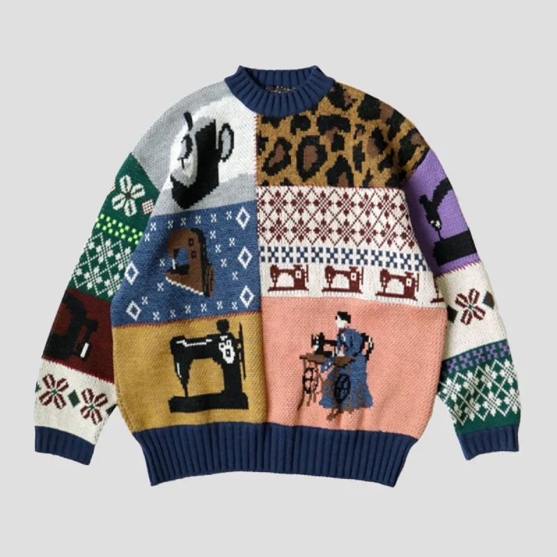 5G WOOL KUROGANE PATCHWORK CREW SWEATER Slim Fit Regular Fit Oversized