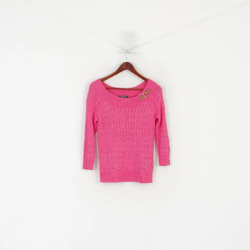 Lauren Ralph Lauren Women S Jumper Pink Cotton Cable Knit Sweet Sweater Hooded Sweater Collared Sweater Shawl Collar