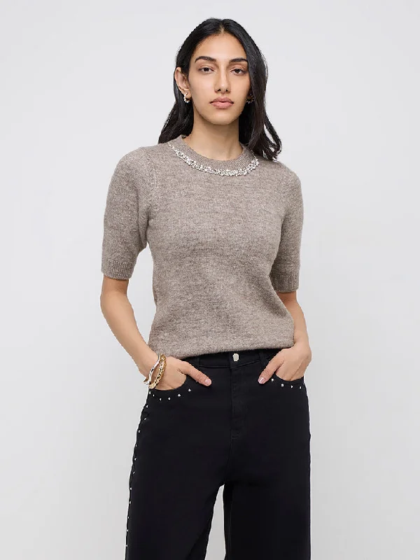 LOV Taupe Pearl Embellished Knitted Sweater Embroidered Appliqued Beaded