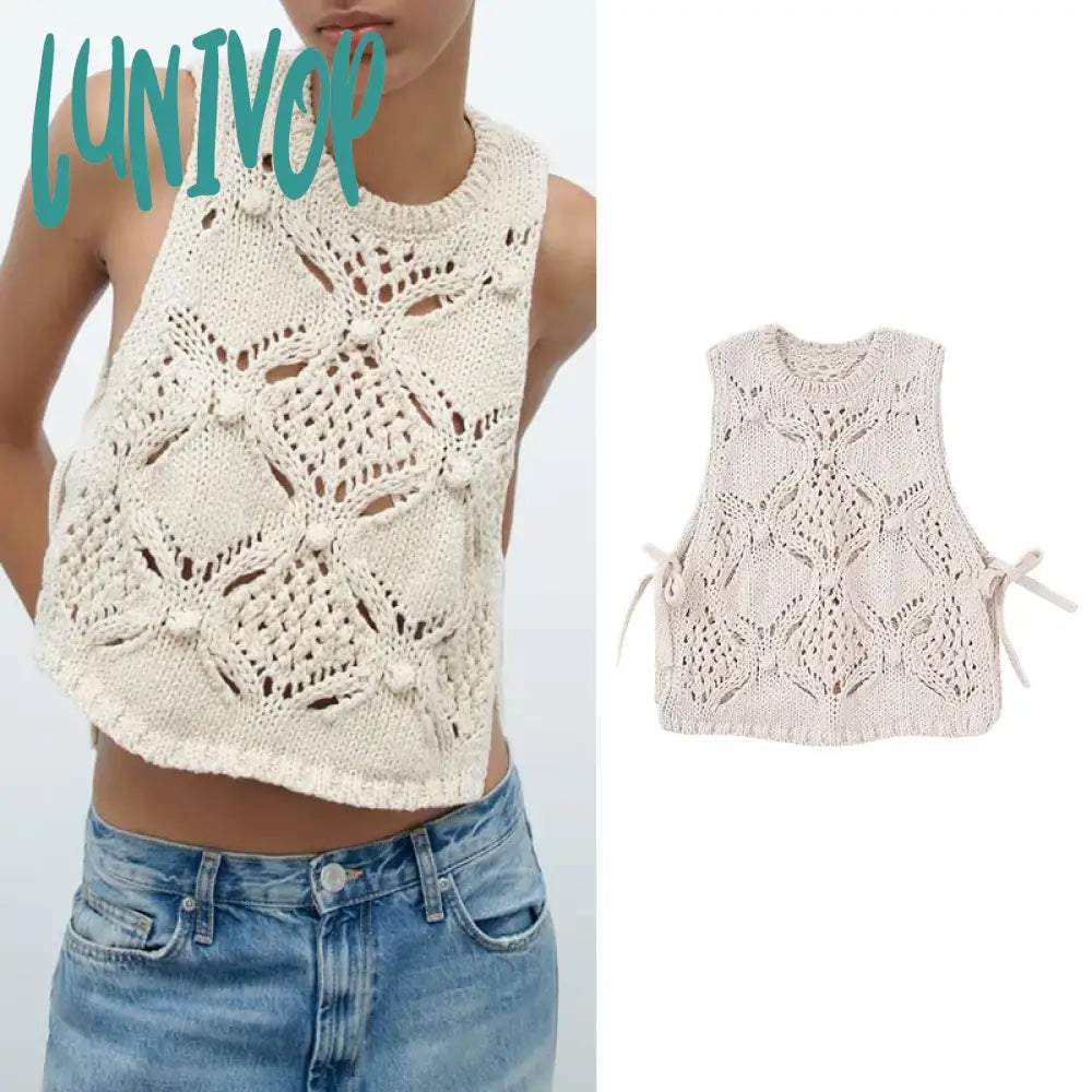 Lunivop Elegant Hook Flower Hollowed Out Women Knitted Vest Loose Ball Decoration Sweater Top Spring Autumn Female Chic Knitwear Silk Blend Satin Velvet
