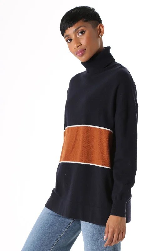 Mariana Turtleneck Wool Sweater Navy Cable Knit Ribbed Knit Lace Knit