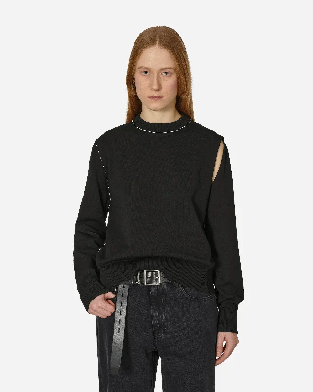 Deconstructed Crewneck Sweater Black Cotton Fabric Linen Fabric Terry Fabric