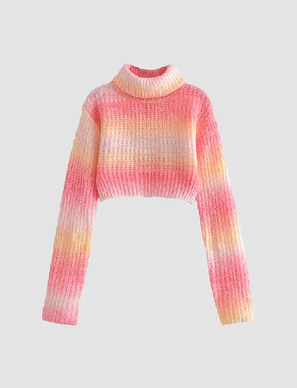 Pink Contrasting High-neck Striped Knitted Sweater Chenille Blend Fleece Blend Nylon Blend