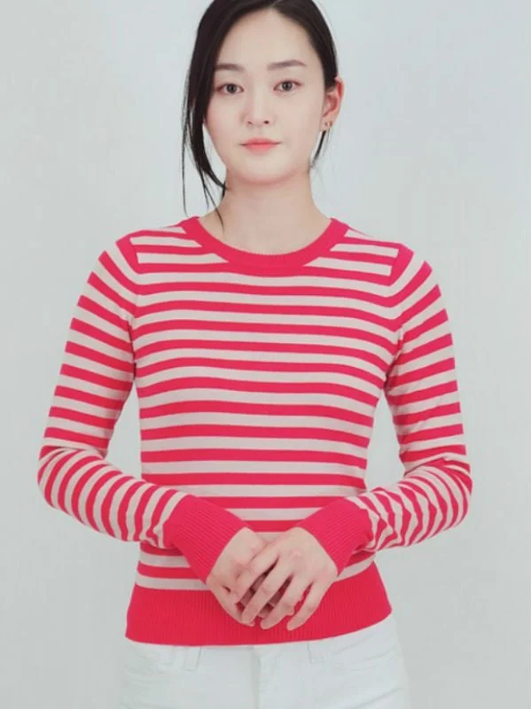 Pink Striped Crew Neck Sweater Graphic Sweater Embroidered Appliqued