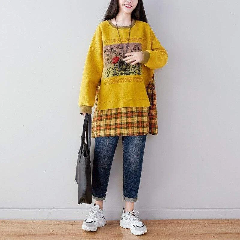 Plaid Patchwork Oversized Sweater Stretchy Elastic Breathable
