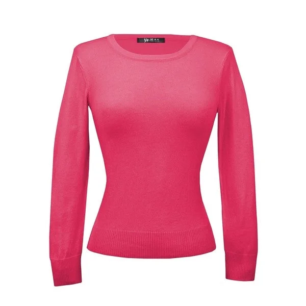 Retro Crew Neck Sweater - Hot Pink Tailored Straight A-Line