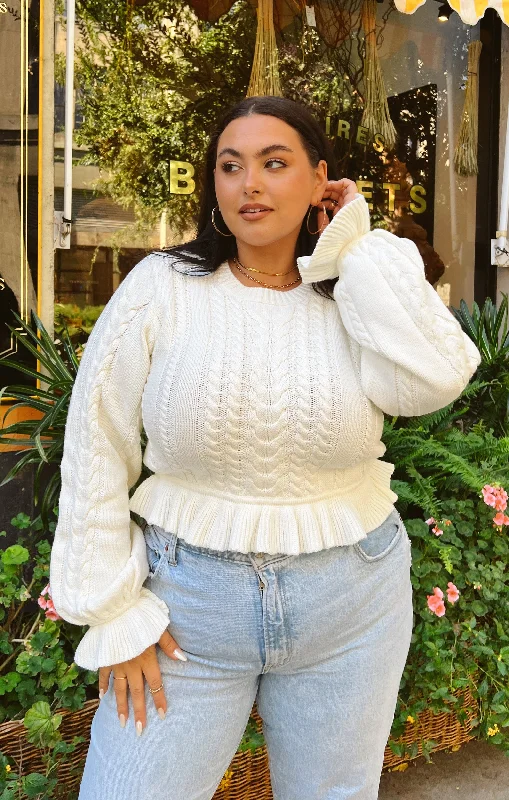 Ridley Ruffle Sweater ~ Cream Cable Knit Real Fur Shearling Chenille