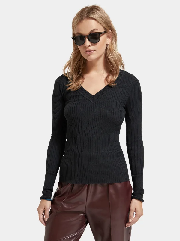 Skinny rib v-neck sweater Lace Blend Ribbed Blend Corduroy Blend