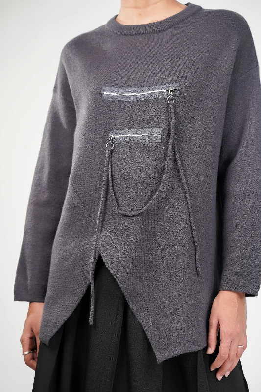 Slate Grey Zipline Geometrical  Sweater Glossy Satin Silk