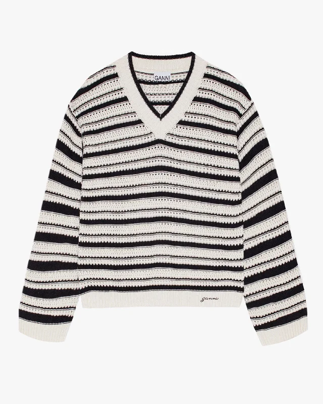 Striped Cotton Pointelle V-Neck Sweater Tailored Straight A-Line