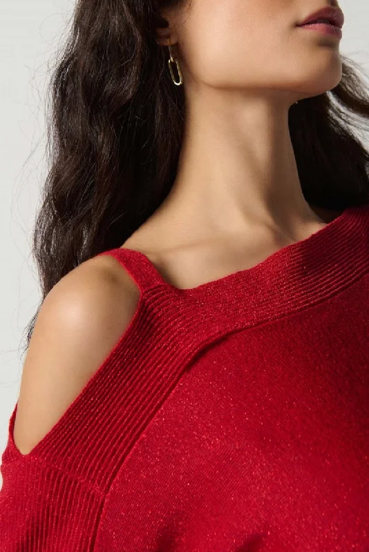 Sweater Knit One-Shoulder Top in Lipstick Red 234916 by Joseph Ribkoff Ribbed Striped Patterned