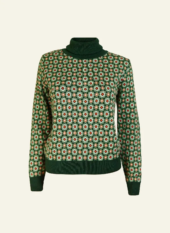 Turtle Neck Sweater - Green Patchwork Stylish Fashionable Trendy
