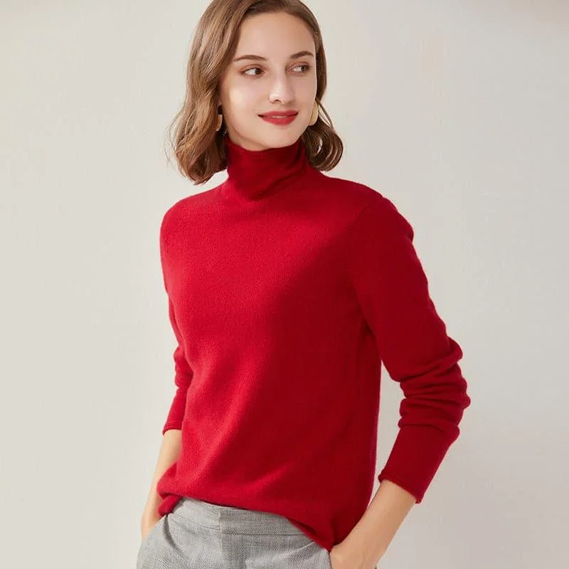 Turtleneck Cashmere Women Sweater Solid Print Embellished