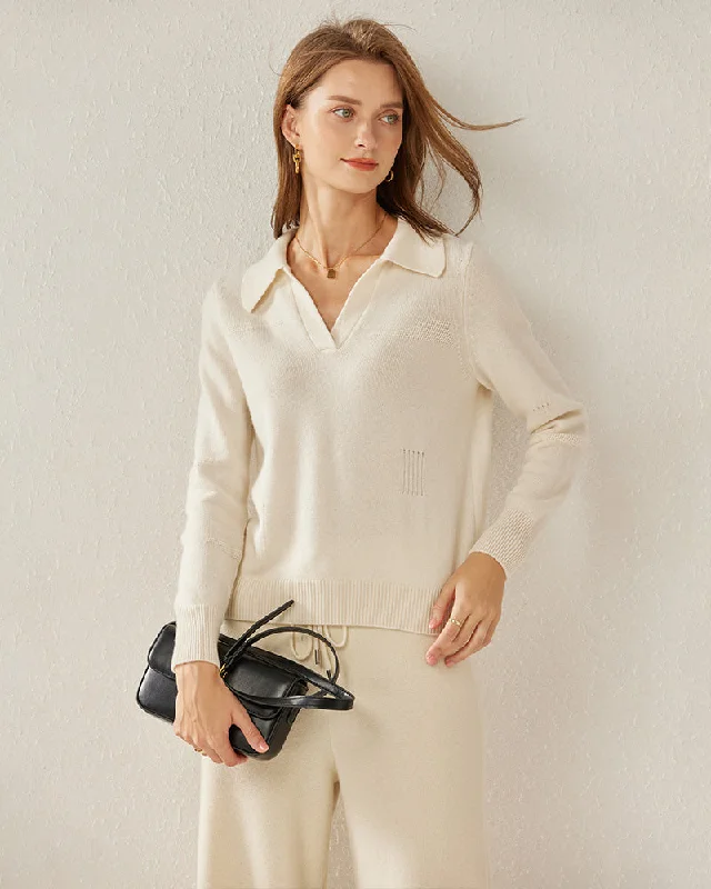Women's Pure Cashmere Polo Collar Sweater Welt Pockets Slit Pockets Flap Pockets