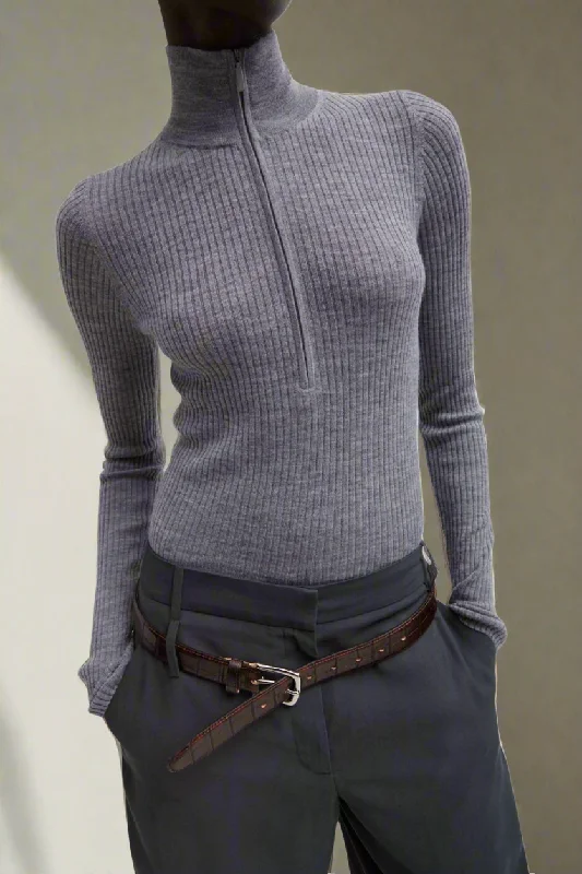 Half Zip Ribbed Wool Sweater High Neck Crew Neck V-Neck