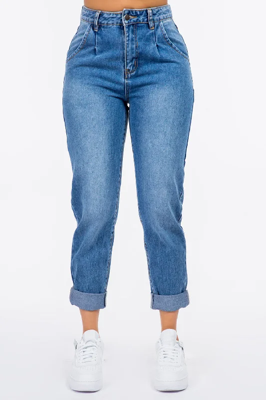 American Bazi High Waist Pleated Waist Mom Jeans Comfortable Dark Wash Jeans