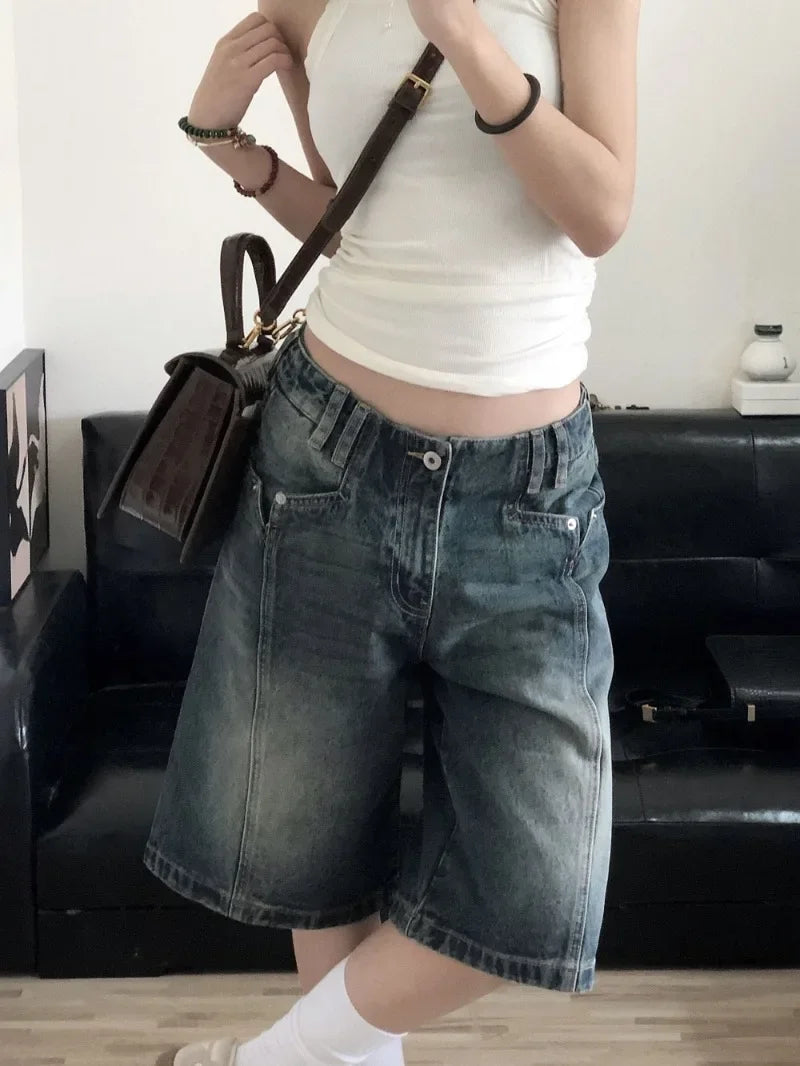 American Retro Blue Denim Shorts Women Korean Style High Waist Biker  Jeans Feminino 2024 Summer Chic Streetwear Stylish High-Rise Mom Jeans