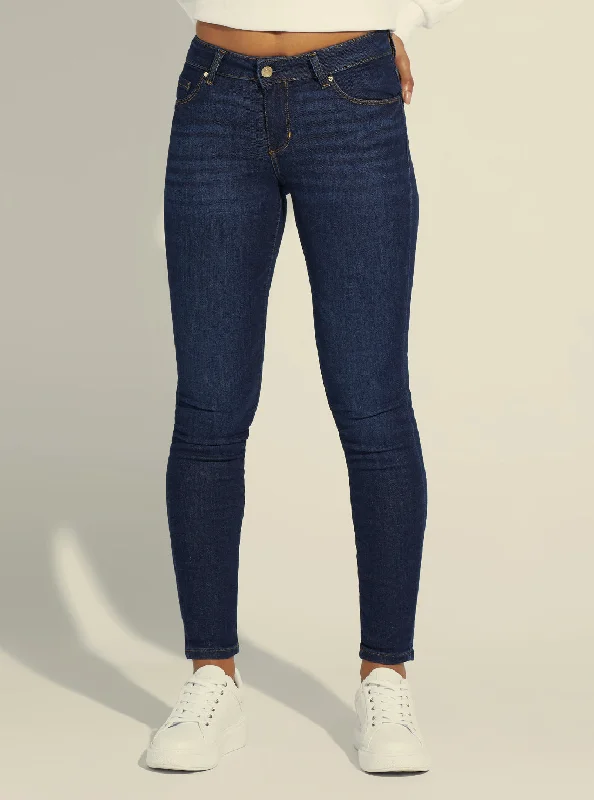 Annette Mid-Rise Skinny Denim Jeans in Dark Wash Comfortable Distressed Straight-Leg Jeans