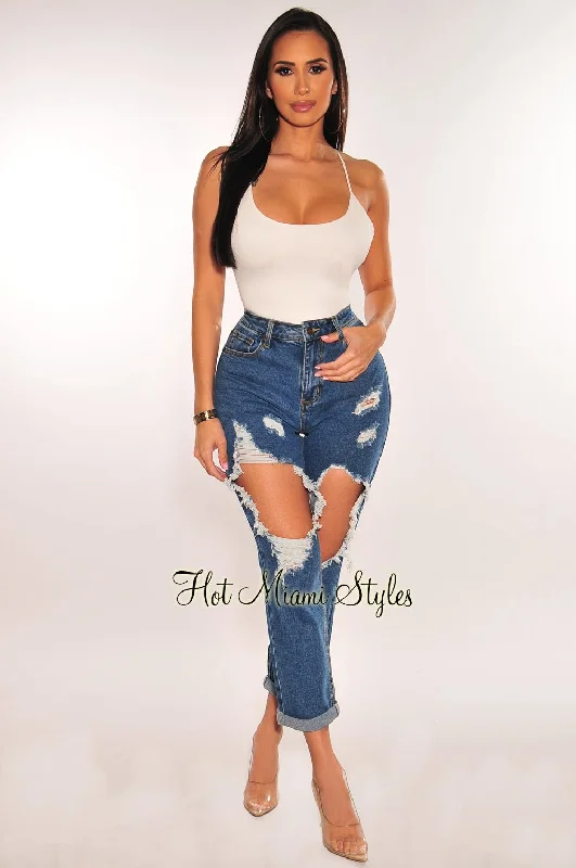 Blue Denim Ripped Mom Jeans Elegant Skinny Leg Jeans