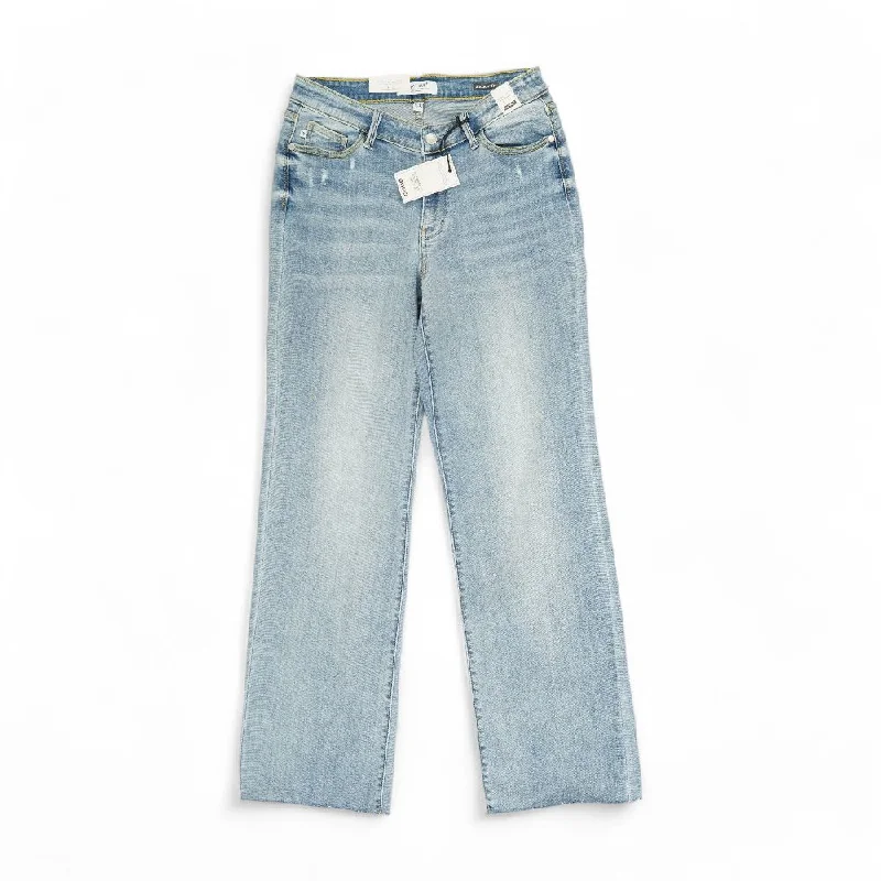 Blue Solid High Rise Straight Leg Jeans Comfortable Folded Hem Jeans