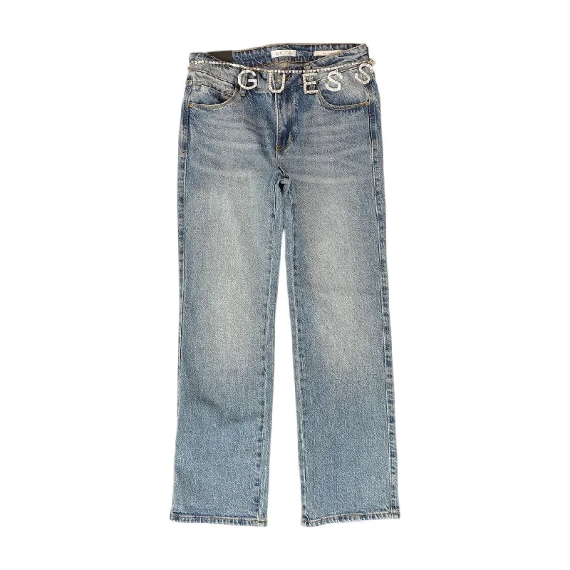 Blue Solid Straight Leg Jeans Chic Double Waistband Jeans