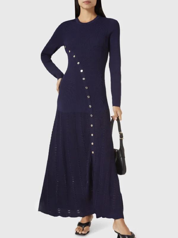 Blue Zone Planet |  Openwork Round Neck Long Sleeve Sweater Dress