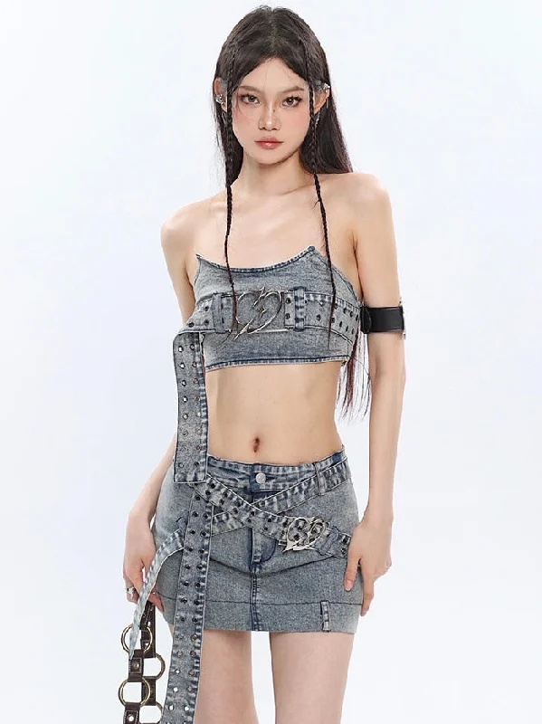 Chrome Denim Heart Belt Bandeau Top + Denim Belt Wrap Mini Skirt + Denim Micro Flare Jeans Pants Matching Set Comfortable Stretch Fit Jeans