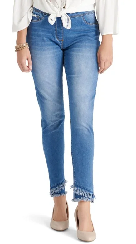 COCO & CARMEN OMG MEDIUM DENIM SKINNY ANKLE SLANT DOUBLE 
FRINGE JEANS Trendy Classic Fit Jeans