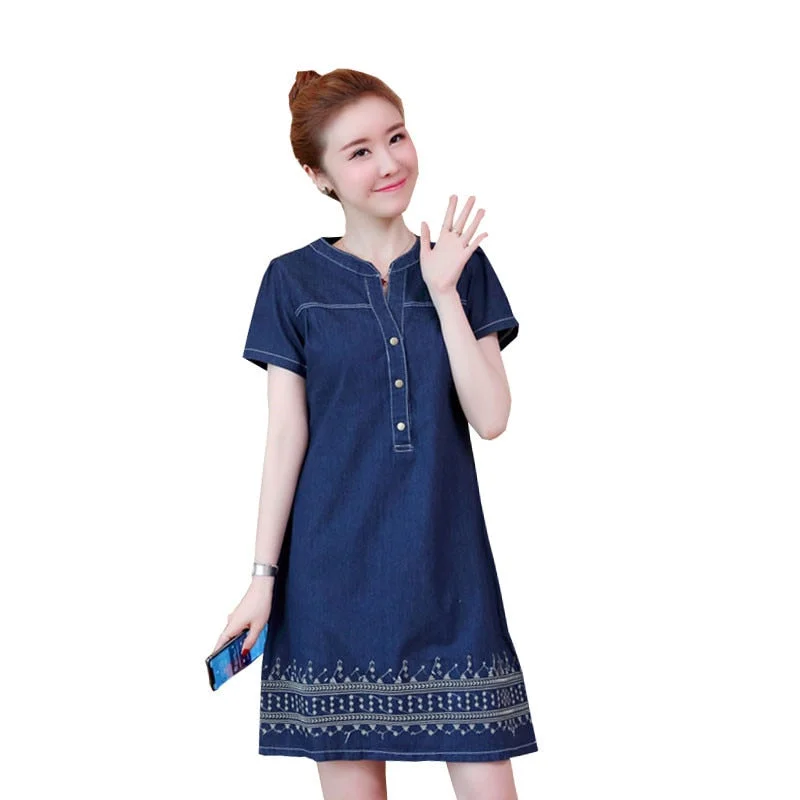 Zjkrl - Denim Dress for Women 2023 New Summer Casual Jeans Dress Embroidery With Button Sexy Denim Mini Dress Vestidos 5XL R96 Comfortable Drawstring Waist Jeans