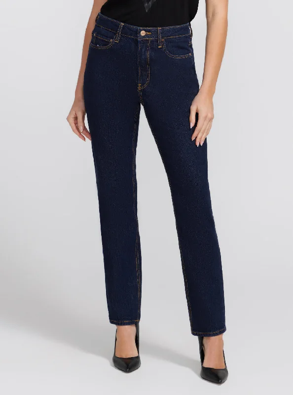 Eco Girly Mid-Rise Denim Jeans in Dark Blue Fashionable Straight Fit Denim